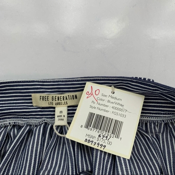 Free Generation Pleated Skirt Medium Blue White Pinstripe Full Flowy Tie Waist - Picture 7 of 11